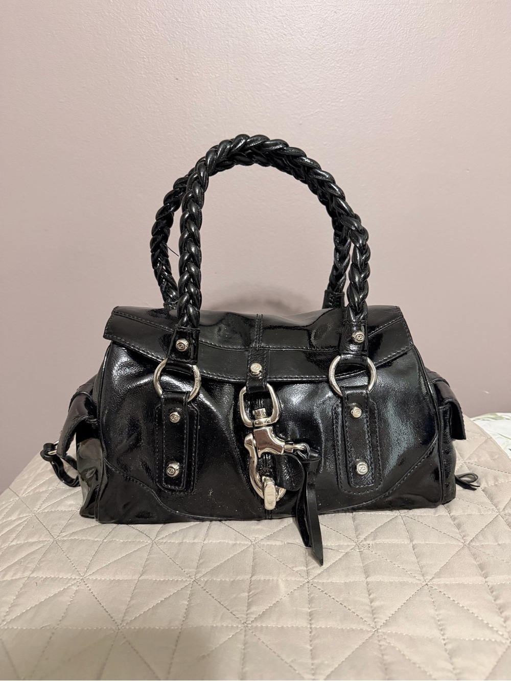 Francesco Biasia Black Patent Leather Braided-Handle Satchel - Picture 2 of 16